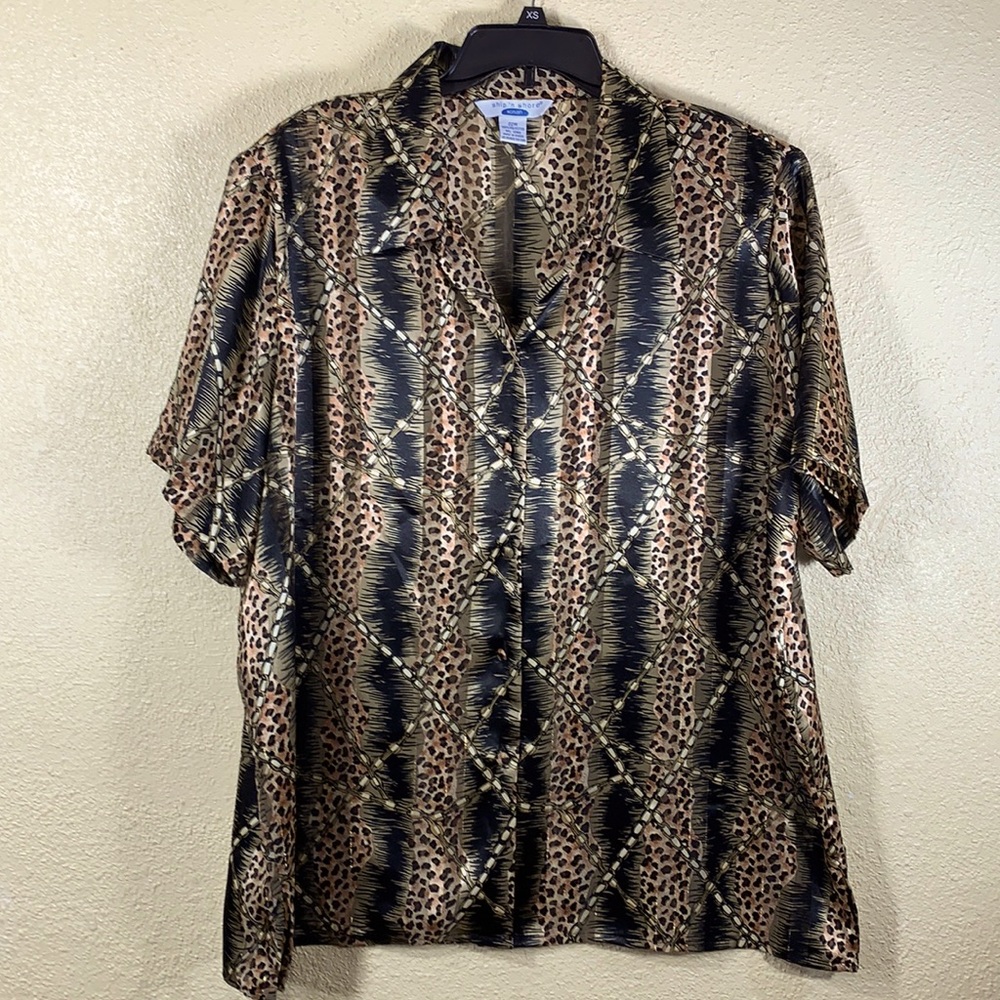 Ship 'N Shore Sheer Top  Blouse Animal Print 22W Brown Polyester Short Sleeves